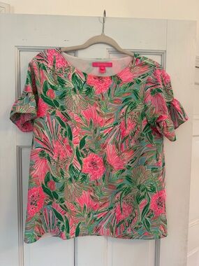 Lilly Pulitzer Neon Pink & Green Floral Ruffle Sleeve Top